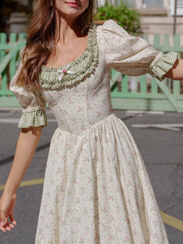 Green Gingham Trim Cottagecore Cotton Dress