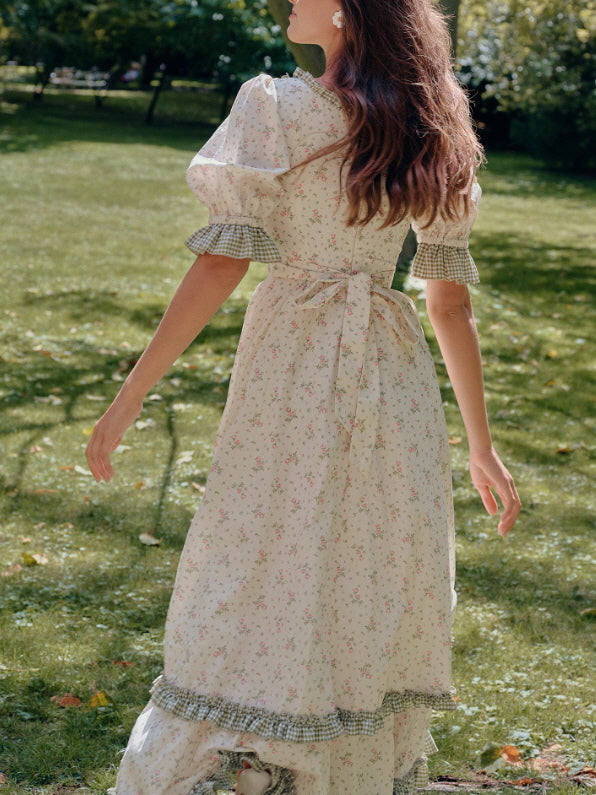 Green Gingham Trim Cottagecore Cotton Dress