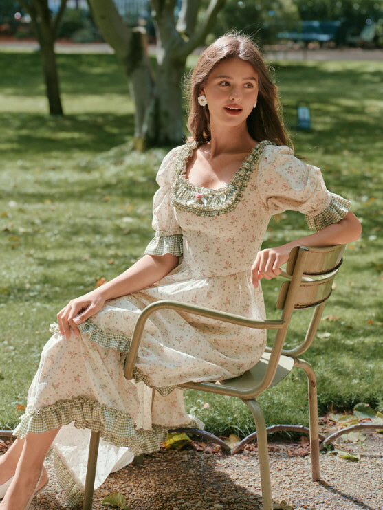 Green Gingham Trim Cottagecore Cotton Dress