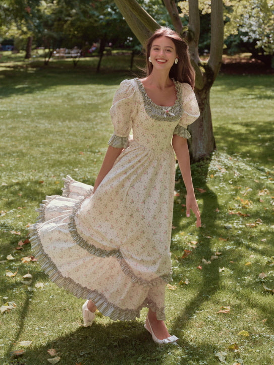 Green Gingham Trim Cottagecore Cotton Dress