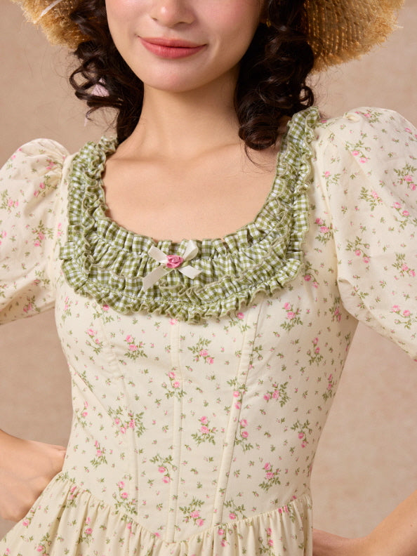 Green Gingham Trim Cottagecore Cotton Dress