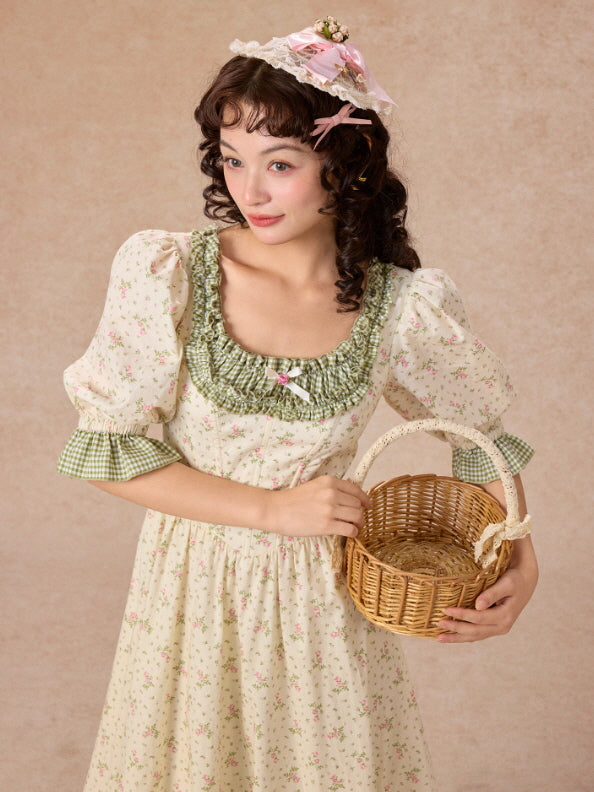 Green Gingham Trim Cottagecore Cotton Dress
