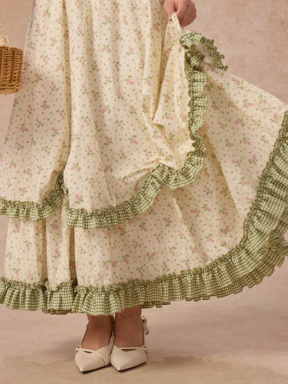 Green Gingham Trim Cottagecore Cotton Dress