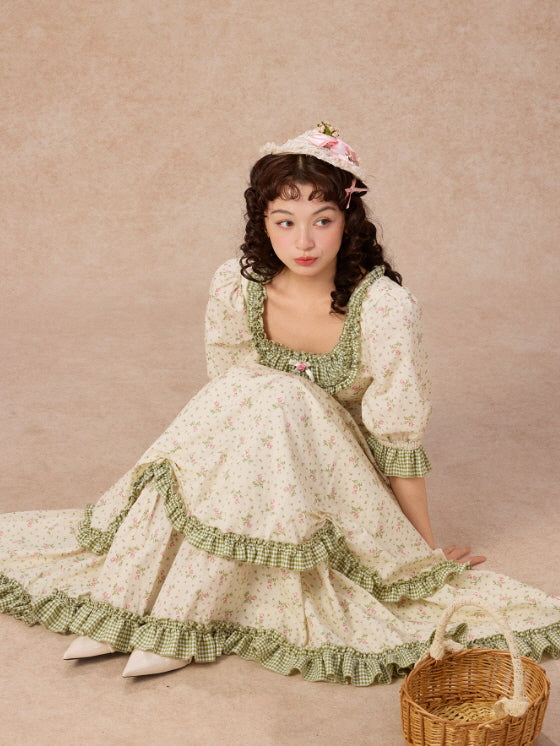 Green Gingham Trim Cottagecore Cotton Dress