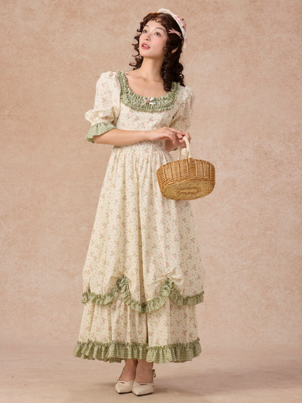 Green Gingham Trim Cottagecore Cotton Dress