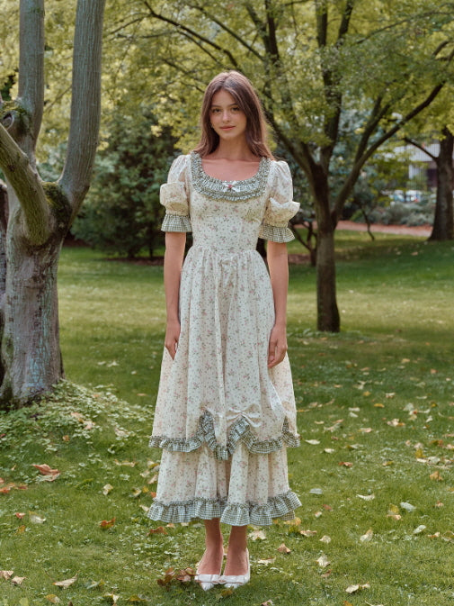 Green Gingham Trim Cottagecore Cotton Dress