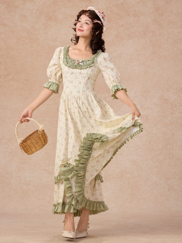 Green Gingham Trim Cottagecore Cotton Dress