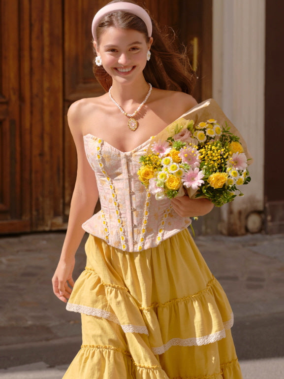 Pink Floral Lace Corset & Yellow Tiered Skirt