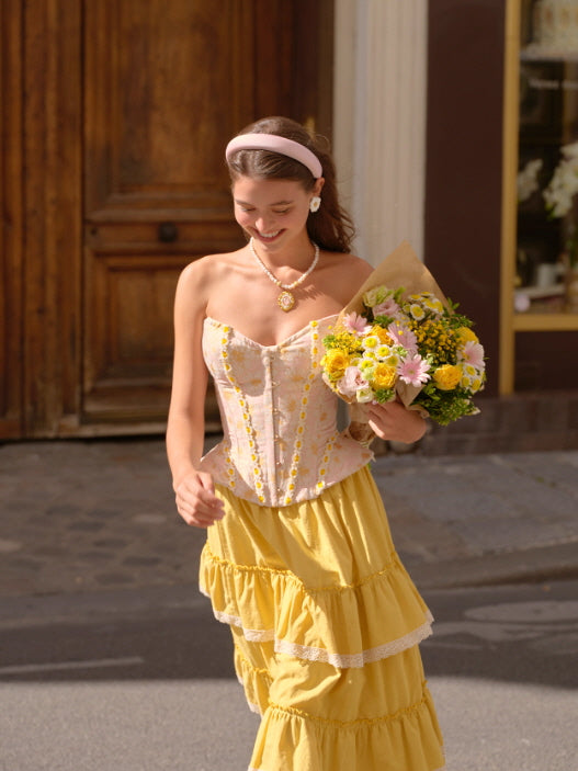 Pink Floral Lace Corset & Yellow Tiered Skirt