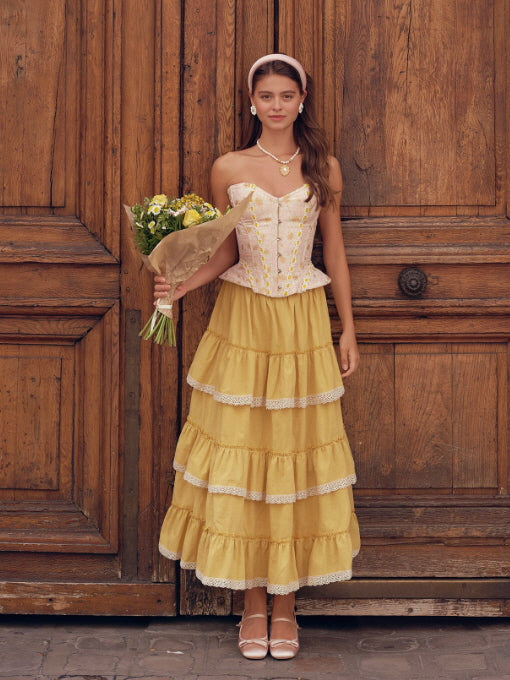 Pink Floral Lace Corset & Yellow Tiered Skirt