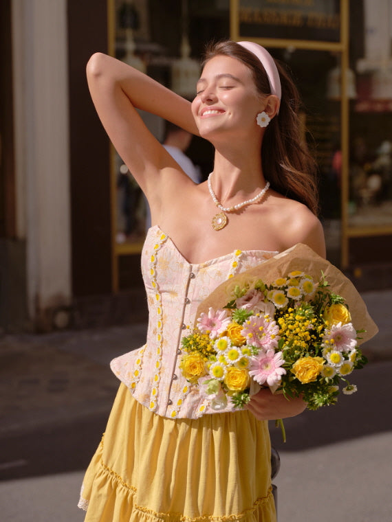 Pink Floral Lace Corset & Yellow Tiered Skirt