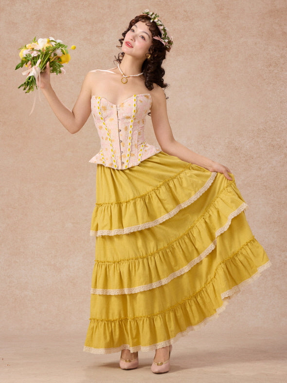 Pink Floral Lace Corset & Yellow Tiered Skirt