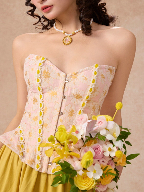 Pink Floral Lace Corset & Yellow Tiered Skirt