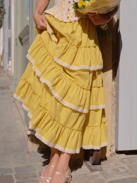 Pink Floral Lace Corset & Yellow Tiered Skirt