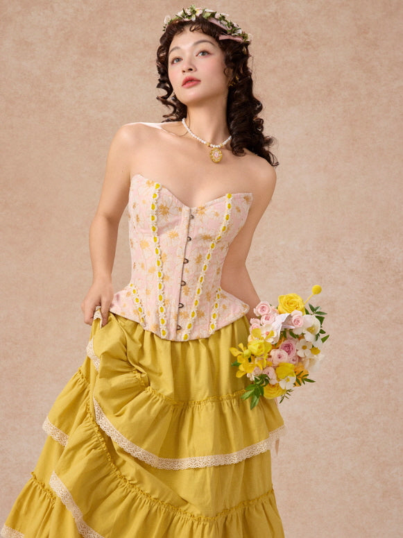 Pink Floral Lace Corset & Yellow Tiered Skirt
