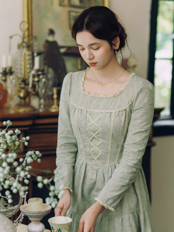 Sage Green Lace-Up Vintage Cottagecore Dress