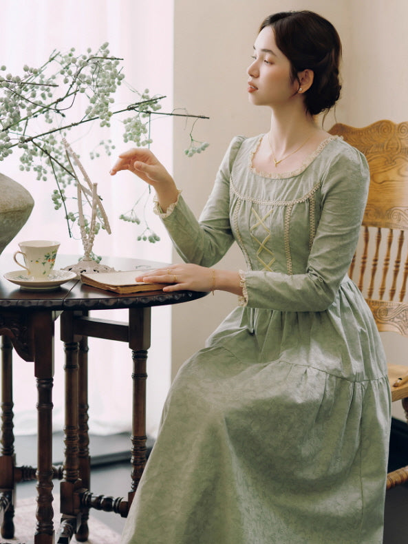 Sage Green Lace-Up Vintage Cottagecore Dress