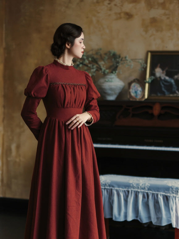 Brick Red Victorian Puff Sleeve Vintage Dress