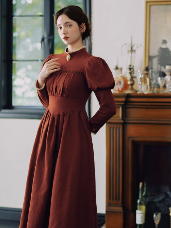 Brick Red Victorian Puff Sleeve Vintage Dress