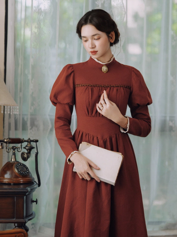 Brick Red Victorian Puff Sleeve Vintage Dress
