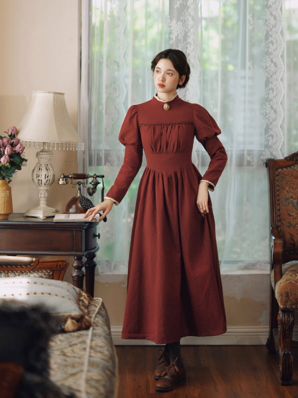 Brick Red Victorian Puff Sleeve Vintage Dress
