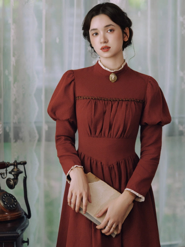 Brick Red Victorian Puff Sleeve Vintage Dress