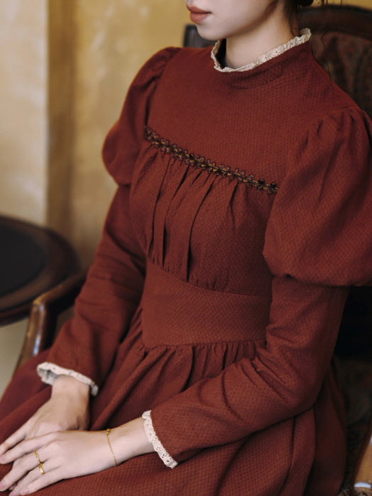 Brick Red Victorian Puff Sleeve Vintage Dress