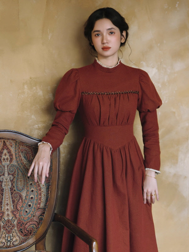 Brick Red Victorian Puff Sleeve Vintage Dress