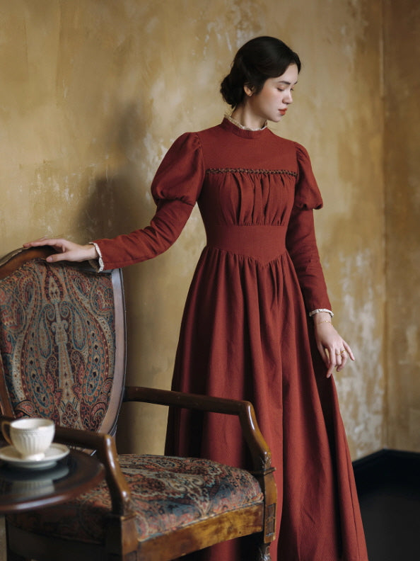 Brick Red Victorian Puff Sleeve Vintage Dress
