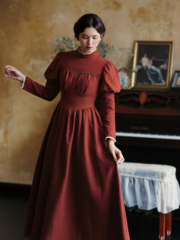 Brick Red Victorian Puff Sleeve Vintage Dress