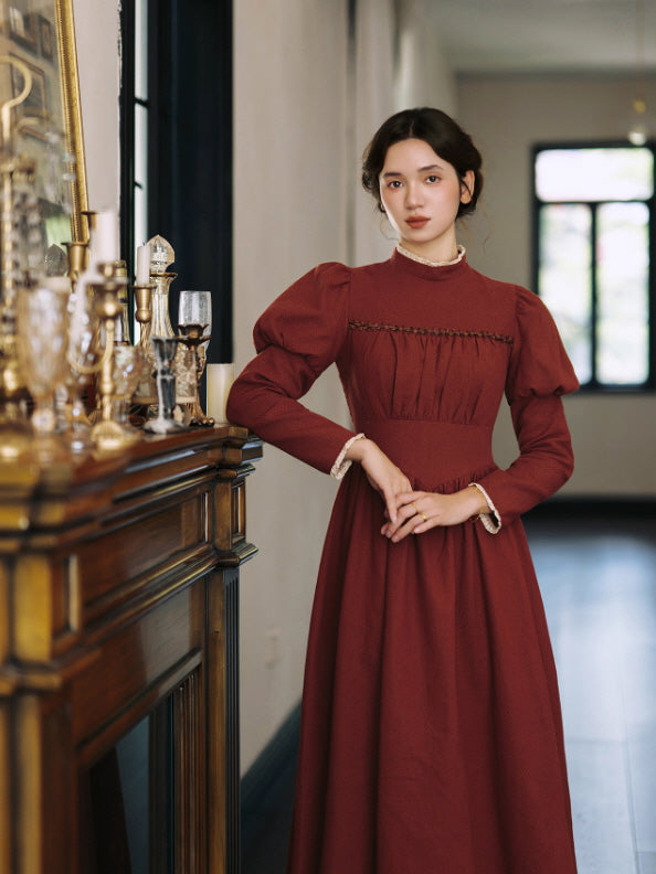 Brick Red Victorian Puff Sleeve Vintage Dress
