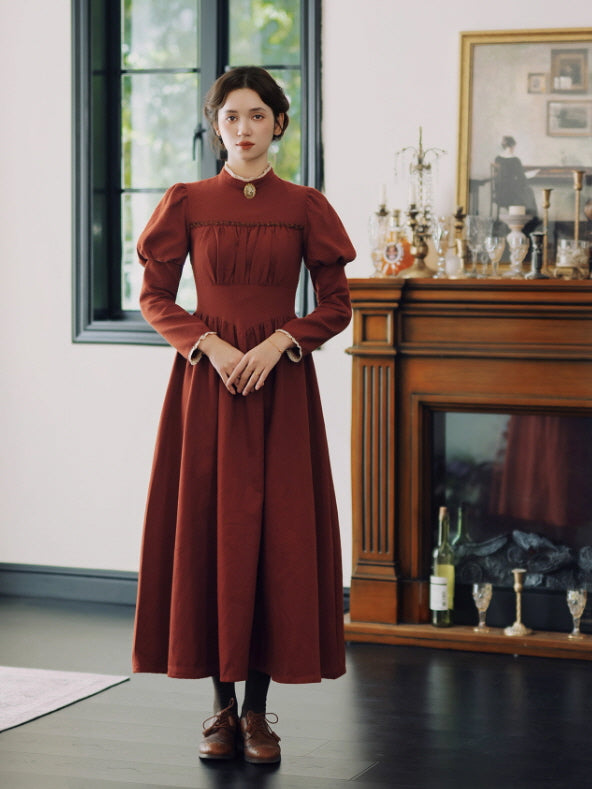 Brick Red Victorian Puff Sleeve Vintage Dress