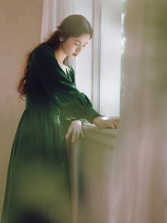 Green Ribbon Vintage Dress - Cottagecore Vintage Aesthetic Outfit Green Ribbon Vintage Dress - Cottagecore Vintage Aesthetic Outfit