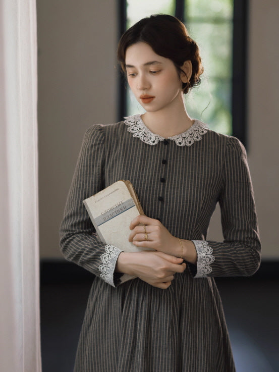 Striped Vintage Lace Collar Cottagecore Dress