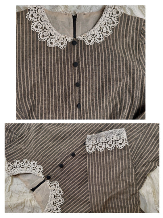 Striped Vintage Lace Collar Cottagecore Dress