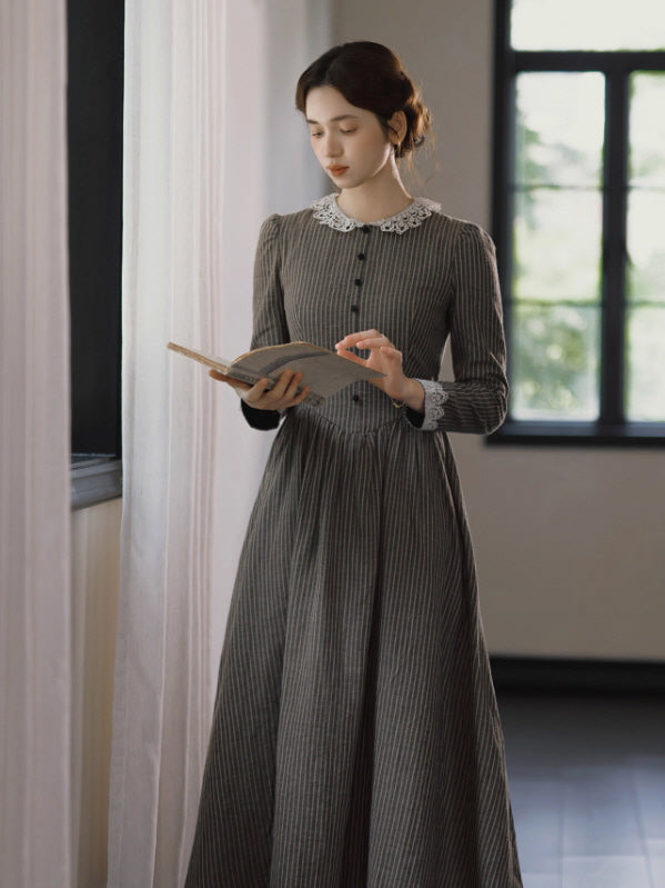 Striped Vintage Lace Collar Cottagecore Dress