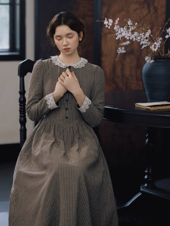 Striped Vintage Lace Collar Cottagecore Dress