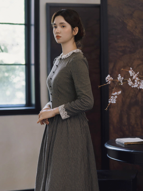 Striped Vintage Lace Collar Cottagecore Dress