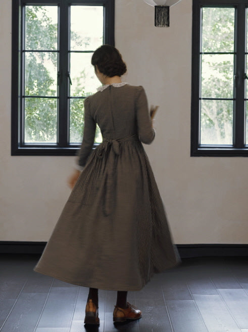 Striped Vintage Lace Collar Cottagecore Dress