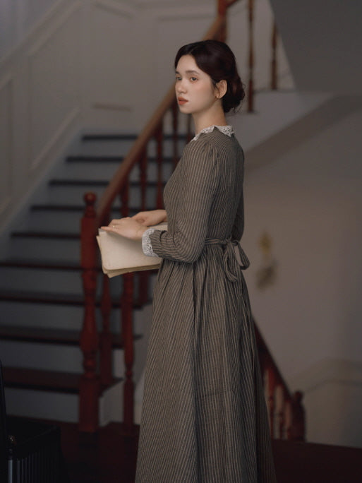 Striped Vintage Lace Collar Cottagecore Dress