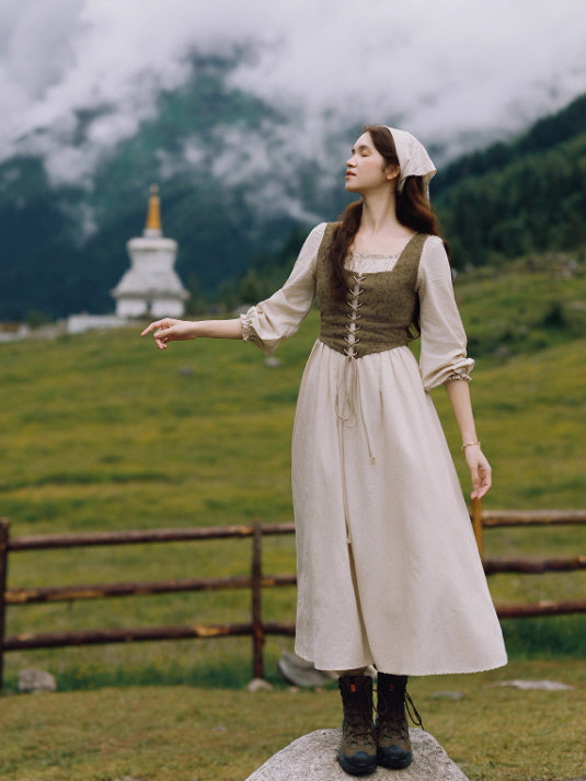 Rustic Fairytale Dress with Lace-Up Vest Set
