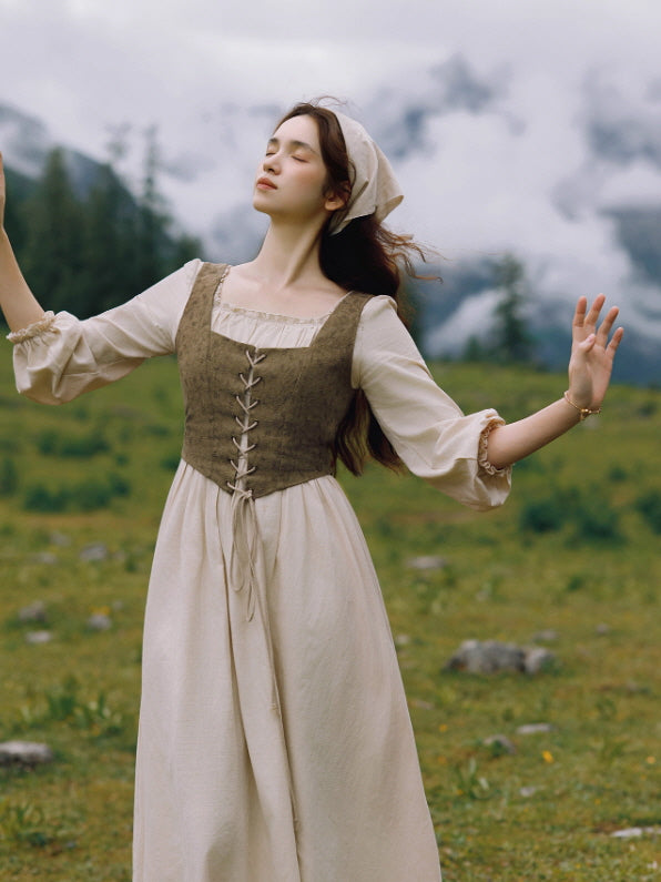 Rustic Fairytale Dress with Lace-Up Vest Set