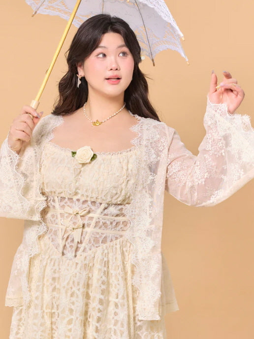 Ivory Lace Rose Fairytale Plus Size Dress