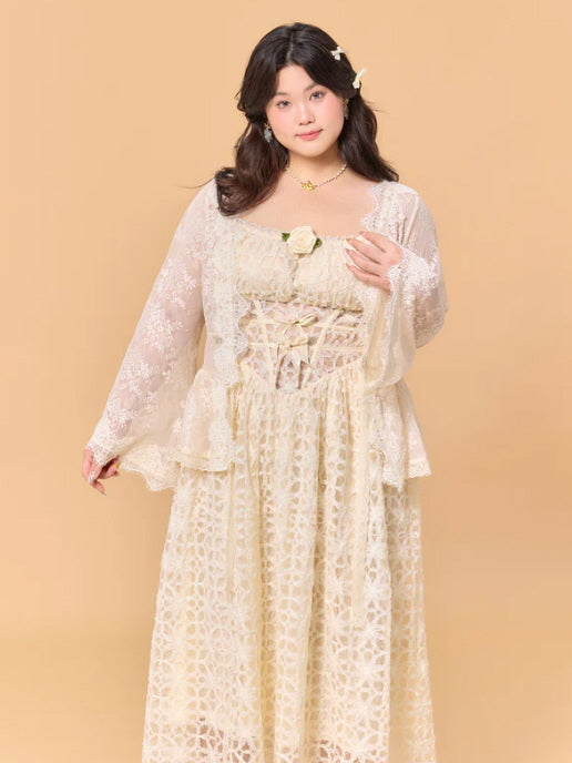 Ivory Lace Rose Fairytale Plus Size Dress