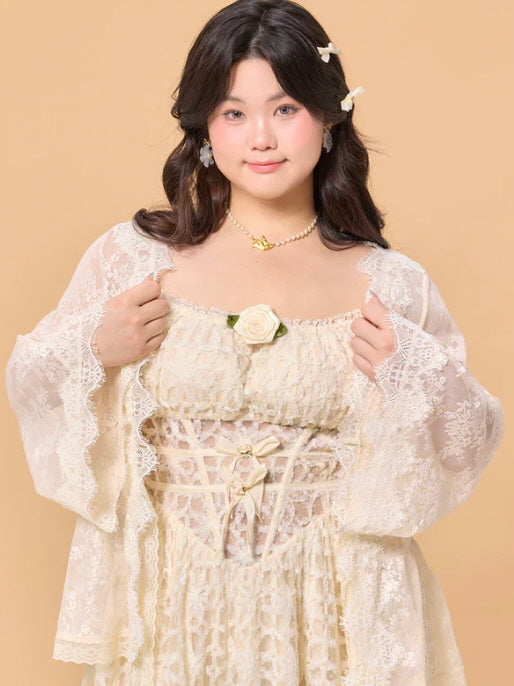 Ivory Lace Rose Fairytale Plus Size Dress