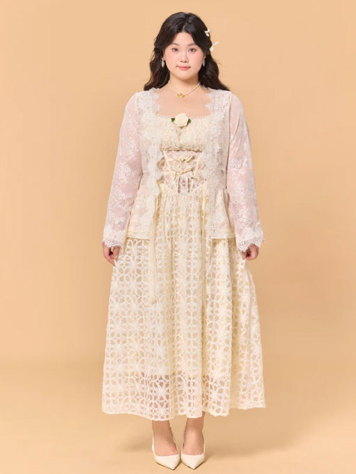 Ivory Lace Rose Fairytale Plus Size Dress