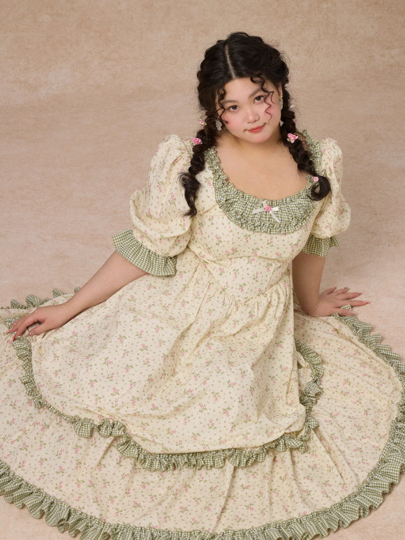 Plus Size Green Gingham Cottagecore Floral Dress