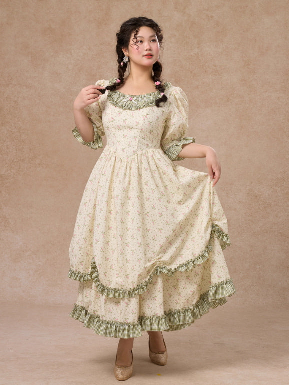 Plus Size Green Gingham Cottagecore Floral Dress
