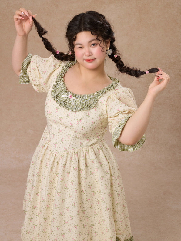 Plus Size Green Gingham Cottagecore Floral Dress
