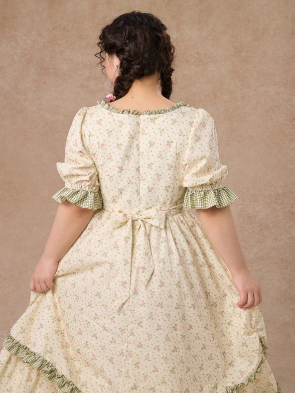 Plus Size Green Gingham Cottagecore Floral Dress